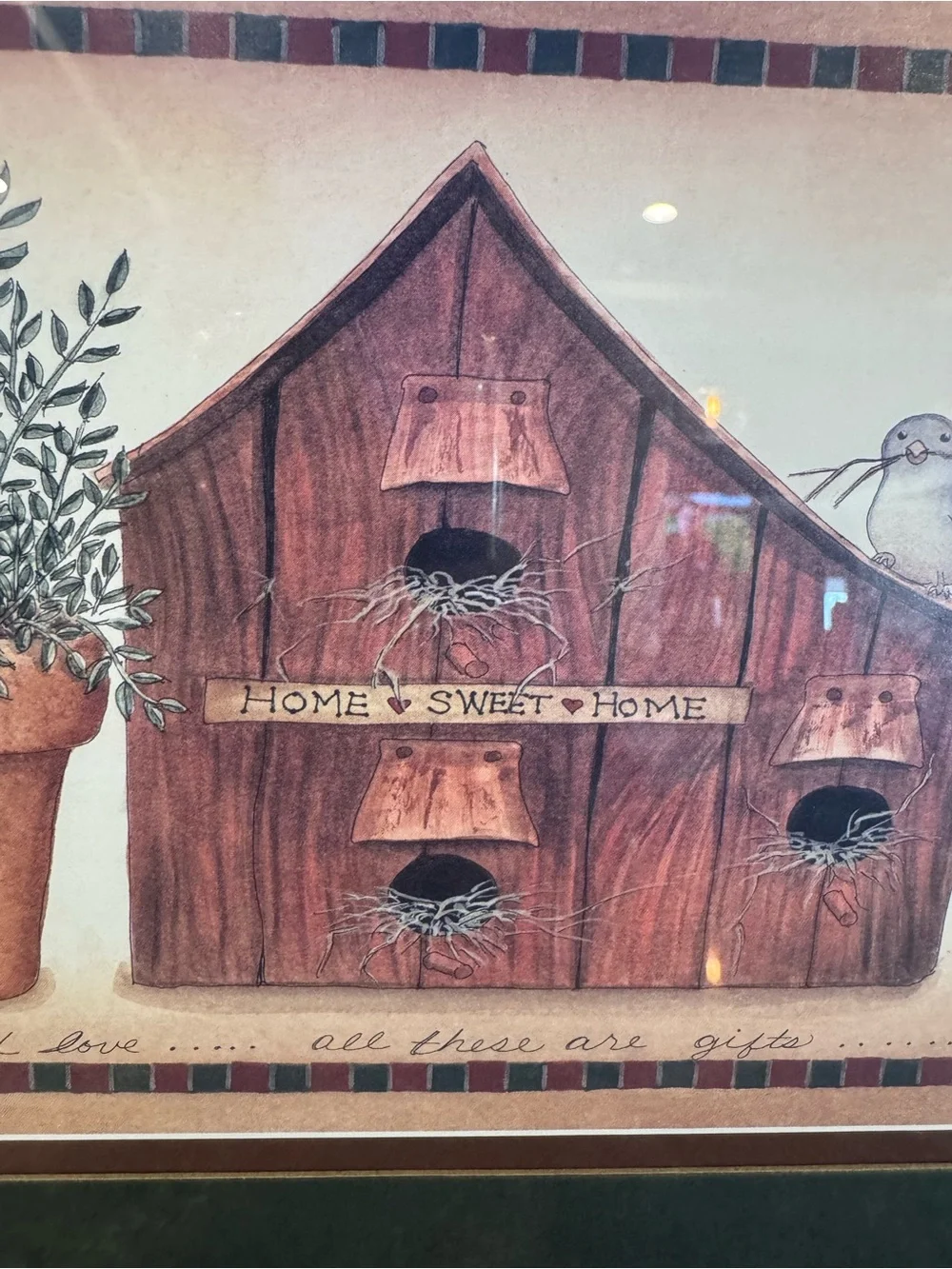 Home Interiors Framed Birdhouse Print Primitive Country Wall Art 23x13